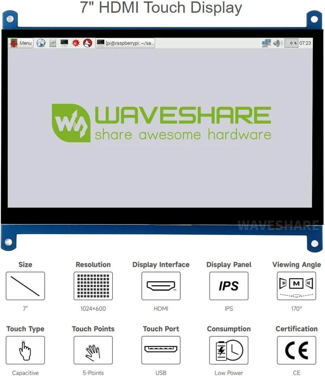 Alt view image 3 of 7 - Waveshare 7 inch HDMI Control Panel Display Capacitive Touch LCD 1024 x 600 Resolution IPS Screen Latest Version Supports All Versions of Raspberry Pi Windows Monitor