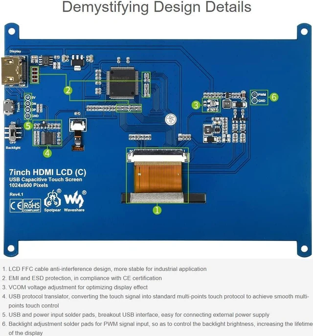 Alt view image 6 of 7 - Waveshare 7 inch HDMI Control Panel Display Capacitive Touch LCD 1024 x 600 Resolution IPS Screen Latest Version Supports All Versions of Raspberry Pi Windows Monitor
