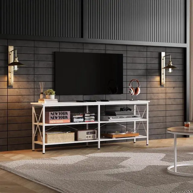 Alt view image 2 of 7 - WLIVE TV Stand for 65 70 inch TV, Entertainment Center with Storage, Industrial TV Console for Living Room, Long 63" TV Cabinet with Metal Frame, White