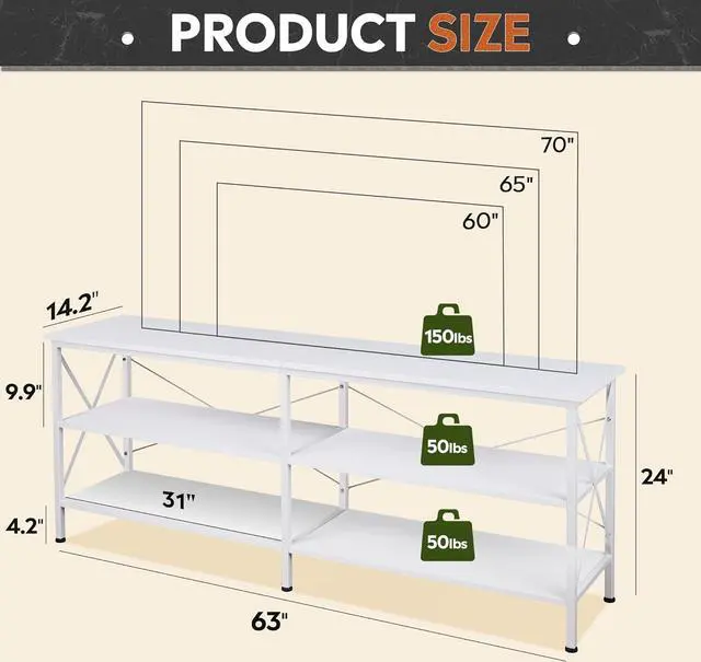 Alt view image 3 of 7 - WLIVE TV Stand for 65 70 inch TV, Entertainment Center with Storage, Industrial TV Console for Living Room, Long 63" TV Cabinet with Metal Frame, White