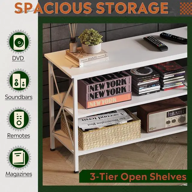 Alt view image 6 of 7 - WLIVE TV Stand for 65 70 inch TV, Entertainment Center with Storage, Industrial TV Console for Living Room, Long 63" TV Cabinet with Metal Frame, White