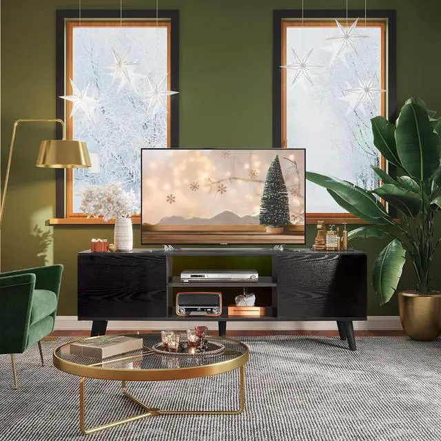 Alt view image 3 of 7 - WLIVE TV Stand for 55 60 inch TV, Entertainment Center with Storage Cabinets, Rustic TV Console for Living Room Decor, Black