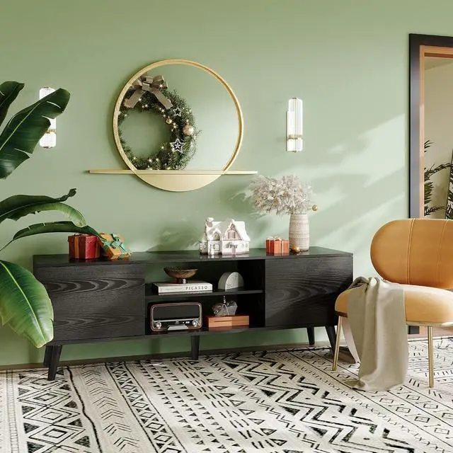 Alt view image 4 of 7 - WLIVE TV Stand for 55 60 inch TV, Entertainment Center with Storage Cabinets, Rustic TV Console for Living Room Decor, Black