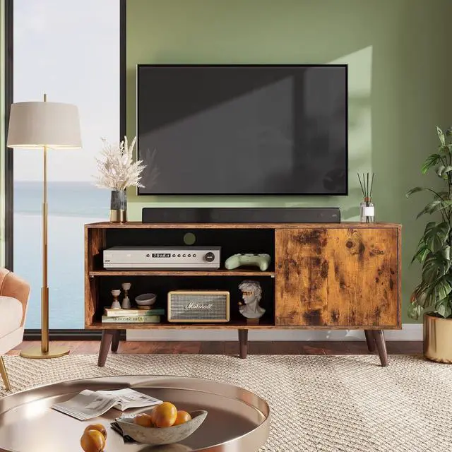 Alt view image 2 of 7 - WLIVE TV Stand for 55 Inch TVs, Entertainment Center with Storage Cabinet, Mid-Century TV Stands for Living Room and Bedroom, 50" TV Console, Brown