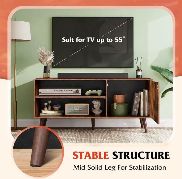 Alt view image 6 of 7 - WLIVE TV Stand for 55 Inch TVs, Entertainment Center with Storage Cabinet, Mid-Century TV Stands for Living Room and Bedroom, 50" TV Console, Brown