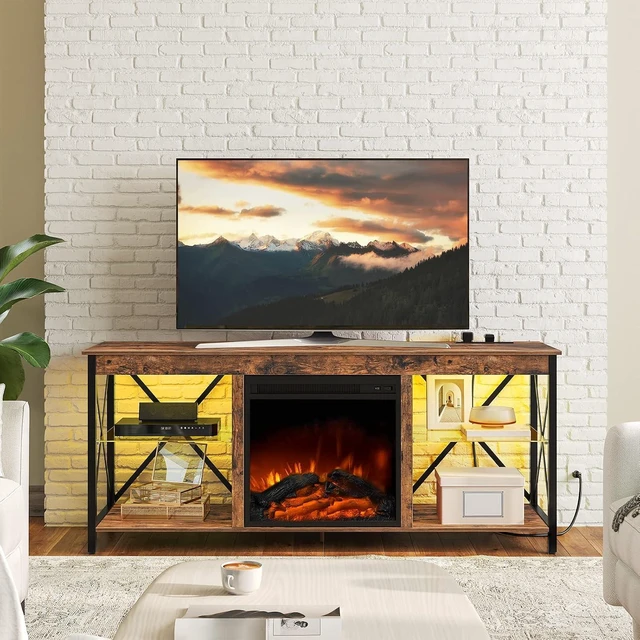 Alt view image 2 of 7 - HOOBRO Fireplace TV Stand with Charging Station and LED Lights, TV Stand with Fireplace for TVs up to 65", Entertainment Center with Fireplace, Glass Shelves, Rustic Brown and Black BF140UDDS01