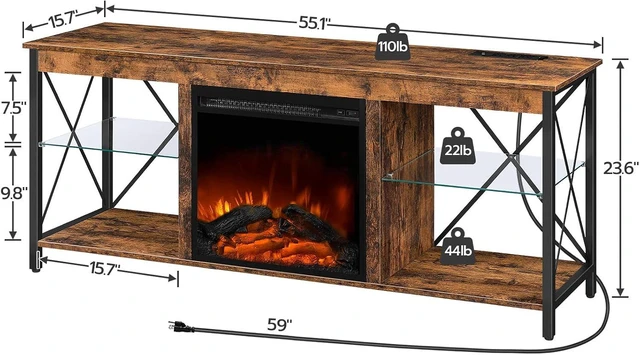 Alt view image 6 of 7 - HOOBRO Fireplace TV Stand with Charging Station and LED Lights, TV Stand with Fireplace for TVs up to 65", Entertainment Center with Fireplace, Glass Shelves, Rustic Brown and Black BF140UDDS01