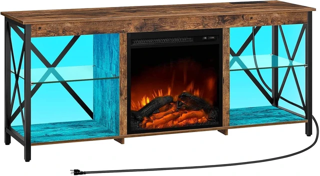 Alt view image 7 of 7 - HOOBRO Fireplace TV Stand with Charging Station and LED Lights, TV Stand with Fireplace for TVs up to 65", Entertainment Center with Fireplace, Glass Shelves, Rustic Brown and Black BF140UDDS01