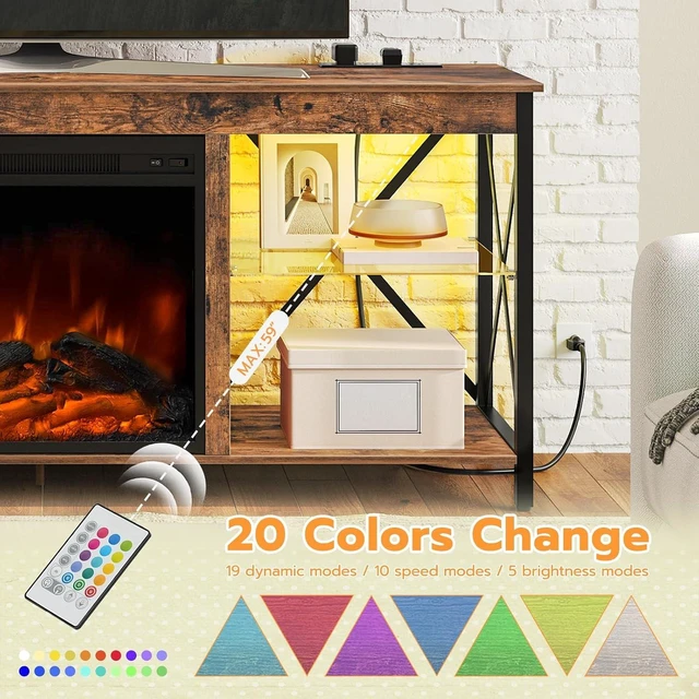 Alt view image 5 of 7 - HOOBRO Fireplace TV Stand with Charging Station and LED Lights, TV Stand with Fireplace for TVs up to 65", Entertainment Center with Fireplace, Glass Shelves, Rustic Brown and Black BF140UDDS01
