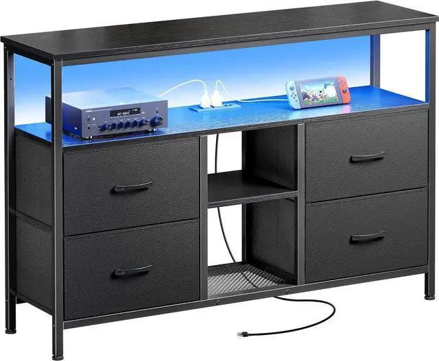 Main image of Huuger TV Stand Dresser with Power Outlets and LED Lights, 4 Drawers Entertainment Center with Open Shelf, Media Console for 50 43 Inch TV, Dresser with PU Finish, Black