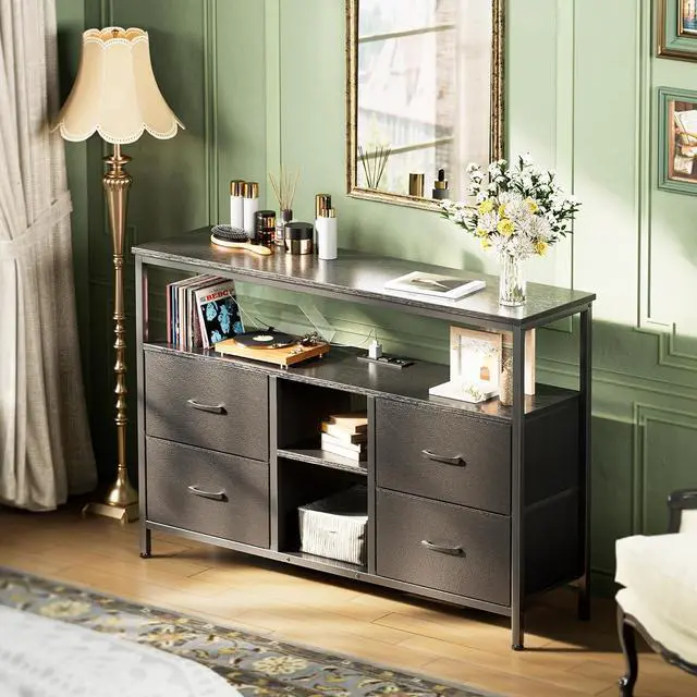 Alt view image 2 of 7 - Huuger TV Stand Dresser with Power Outlets and LED Lights, 4 Drawers Entertainment Center with Open Shelf, Media Console for 50 43 Inch TV, Dresser with PU Finish, Black