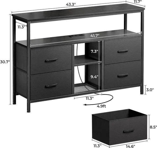 Alt view image 3 of 7 - Huuger TV Stand Dresser with Power Outlets and LED Lights, 4 Drawers Entertainment Center with Open Shelf, Media Console for 50 43 Inch TV, Dresser with PU Finish, Black