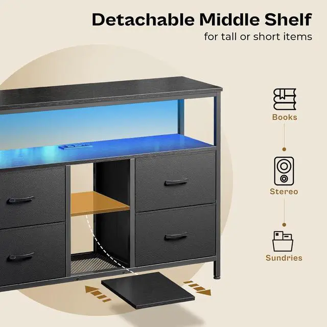 Alt view image 6 of 7 - Huuger TV Stand Dresser with Power Outlets and LED Lights, 4 Drawers Entertainment Center with Open Shelf, Media Console for 50 43 Inch TV, Dresser with PU Finish, Black