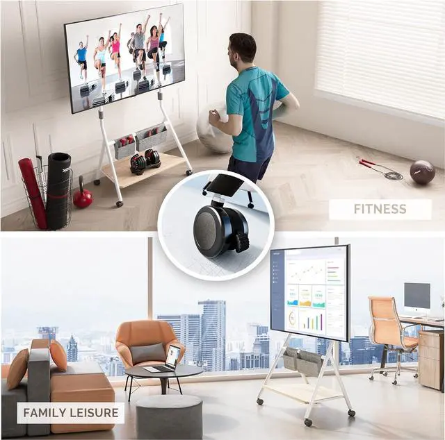 Alt view image 3 of 7 - FITUEYES Design Mobile TV Stand for 46 55 60 65 Inch TV, Rolling TV Cart Floor Stand with Mount for Living Room Office Hotel, Modern Corner TV Stand with Wooden Storage Shelves, Collector Series