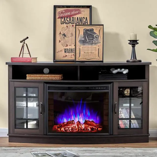 Main image of AMERLIFE 59" Curved Fireplace TV Stand with Storage for TVs up to 65''