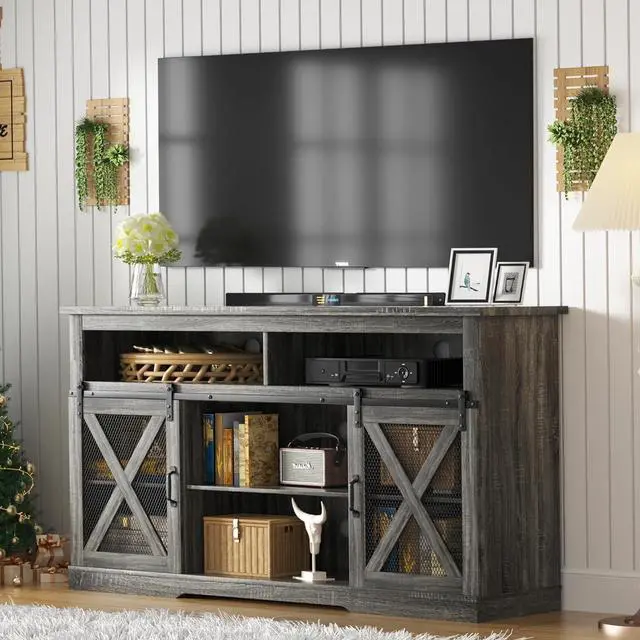 Alt view image 2 of 6 - TOLEAD Farmhouse TV Stand for 65 inch TV Farmhouse Entertainment Center with Sliding Barn Doors Console Storage Cabinet for Living Room, Bedroom Grey