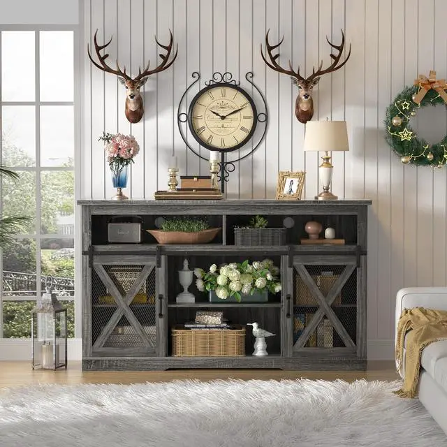 Alt view image 3 of 6 - TOLEAD Farmhouse TV Stand for 65 inch TV Farmhouse Entertainment Center with Sliding Barn Doors Console Storage Cabinet for Living Room, Bedroom Grey