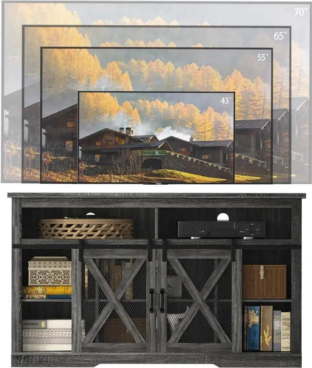 Alt view image 4 of 6 - TOLEAD Farmhouse TV Stand for 65 inch TV Farmhouse Entertainment Center with Sliding Barn Doors Console Storage Cabinet for Living Room, Bedroom Grey