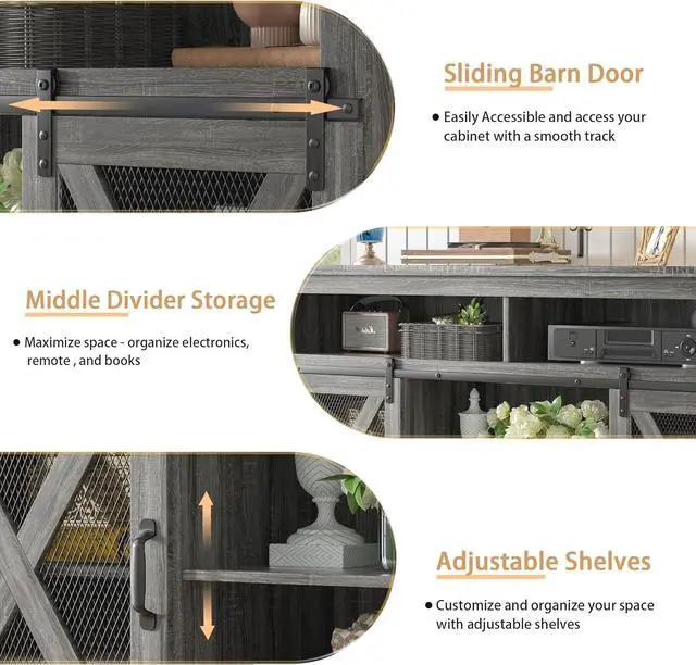 Alt view image 5 of 6 - TOLEAD Farmhouse TV Stand for 65 inch TV Farmhouse Entertainment Center with Sliding Barn Doors Console Storage Cabinet for Living Room, Bedroom Grey