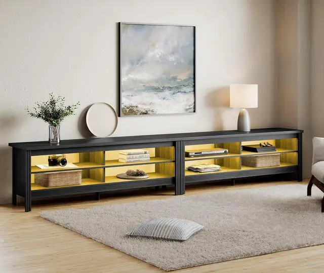 Alt view image 2 of 5 - WAMPAT LED TV Stand for 100 Inch TV, Black Entertainment Center for 90 85 80 inch TV Console Table with 8 Cubby Storage for Living Room Bedroom