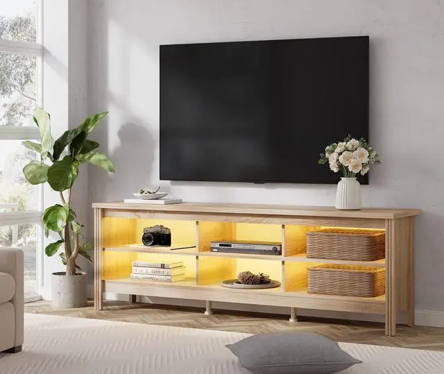 Alt view image 2 of 7 - WAMPAT LED TV Stand for TVs up to 80 Inches, White Oak Entertainment Center for 75 inch TV Console Table with 6 Cubby Storage for Living Room Bedroom, 70''