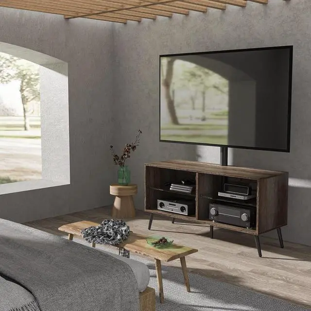 Alt view image 2 of 7 - Rfiver Swivel Wood TV Stand with Mount for 32-70 Inch Flat Screen TVs, Entertainment Center with 4-Shelf Storage Cabinet for Media Console, Universal Floor TV Stand Cabinet for Home, Rustic Oak