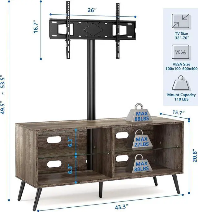 Alt view image 5 of 7 - Rfiver Swivel Wood TV Stand with Mount for 32-70 Inch Flat Screen TVs, Entertainment Center with 4-Shelf Storage Cabinet for Media Console, Universal Floor TV Stand Cabinet for Home, Rustic Oak