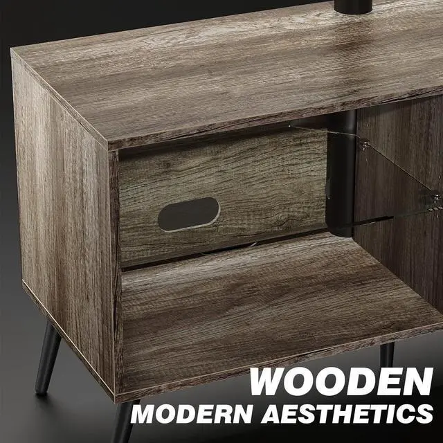 Alt view image 4 of 7 - Rfiver Swivel Wood TV Stand with Mount for 32-70 Inch Flat Screen TVs, Entertainment Center with 4-Shelf Storage Cabinet for Media Console, Universal Floor TV Stand Cabinet for Home, Rustic Oak