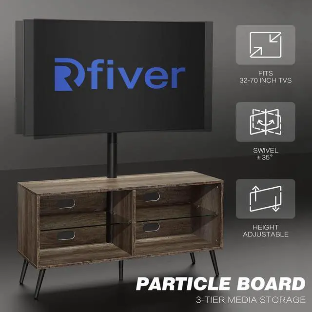 Alt view image 6 of 7 - Rfiver Swivel Wood TV Stand with Mount for 32-70 Inch Flat Screen TVs, Entertainment Center with 4-Shelf Storage Cabinet for Media Console, Universal Floor TV Stand Cabinet for Home, Rustic Oak