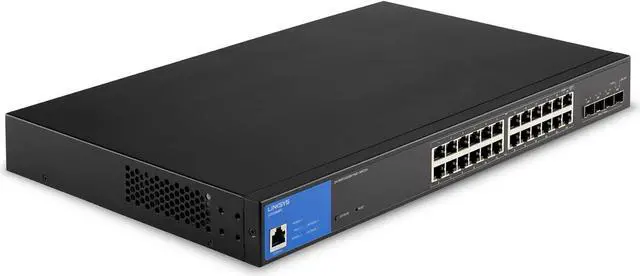 Main image of Linksys LGS328MPC 24 Port Gigabit Network PoE+ Switch @ 410W with 4 x 10G Uplink SFP+ Slots - Smart Managed Ethernet Switch Hub with Metal Casing, Desktop / Wall Mount