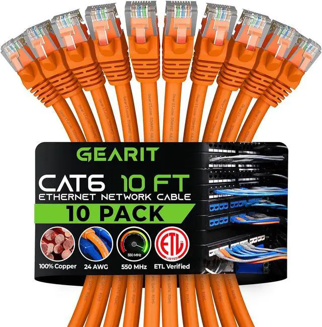 Main image of GearIT Cat 6 Ethernet Cable 10 ft (10-Pack) - Cat6 Patch Cable, Cat 6 Patch Cable, Cat6 Cable, Cat 6 Cable, Cat6 Ethernet Cable, Network Cable, Internet Cable - Orange 10 Feet