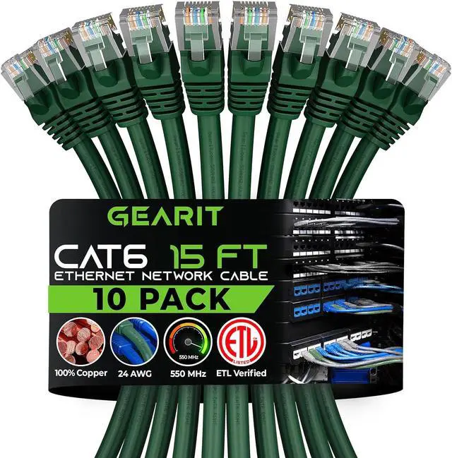Main image of GearIT Cat 6 Ethernet Cable 15 ft (10-Pack) - Cat6 Patch Cable, Cat 6 Patch Cable, Cat6 Cable, Cat 6 Cable, Cat6 Ethernet Cable, Network Cable, Internet Cable - Green 15 Feet