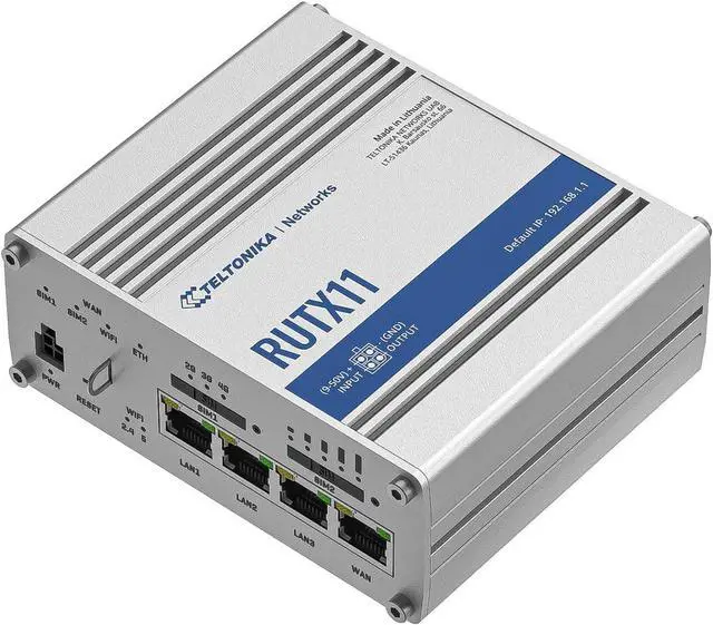 Main image of Teltonika RUTX11100400 Model RUTX11 Industrial Cellular Router; Dual SIM; for use with USA Carriers; Comes with US PSU; WI-FI & BT; 4 x Ethernet Ports; Auto Failover; Aluminum Housing