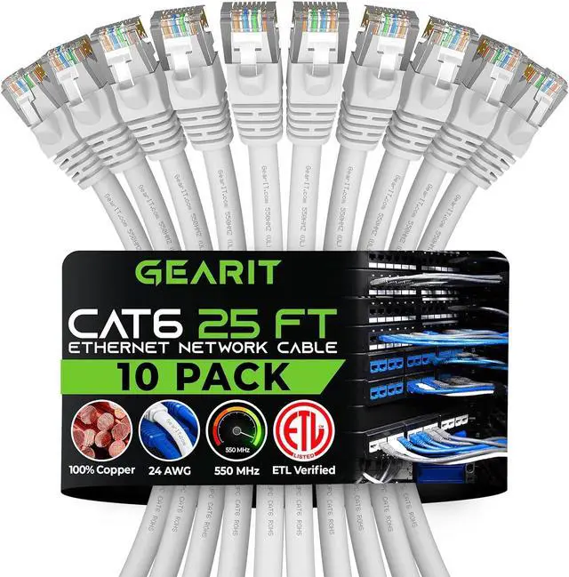 Main image of GearIT 10 Pack, Cat 6 Ethernet Cable Cat6 Snagless Patch 25 Feet - Computer LAN Network Cord, White - Compatible with 10 Port Switch POE 10port Gigabit