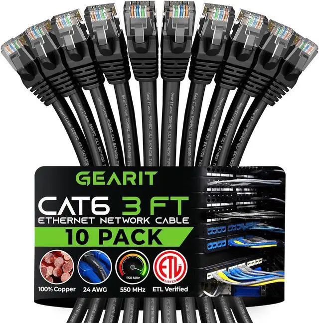 Main image of GearIT Cat 6 Ethernet Cable 3 ft (10-Pack) - Cat6 Patch Cable, Cat 6 Patch Cable, Cat6 Cable, Cat 6 Cable, Cat6 Ethernet Cable, Network Cable, Internet Cable - Black 3 Feet