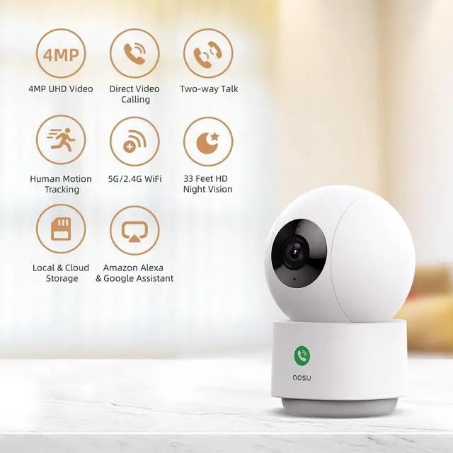 Alt view image 2 of 7 - AOSU 4MP Security Camera Indoor, 2.5K Baby Monitor Pet Camera 360° for Home Security, WiFi Camera with 5/2.4 GHz Wi-Fi, One-Touch Call, Smart Motion Tracking, IR Night Vision, Compatible with Alexa