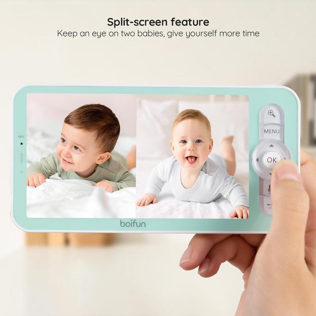 Alt view image 2 of 7 - 2024 BOIFUN 5" Split-Screen Baby Monitor with 2 Cameras, 2K WiFi Baby Monitor Via Screen & App Control, Record & Playback, Temper &Humidity Sensor, Night Vision, 2-Way Talk, Cry & Motion Detection