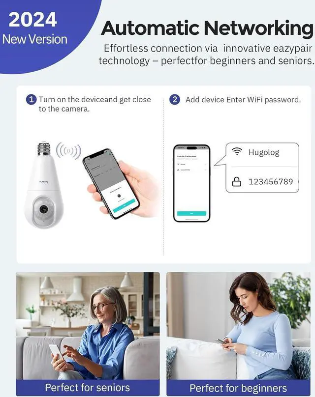 Alt view image 5 of 7 - Hugolog 2K 3MP Light Bulb Security Camera 5G& 2.4GHz WiFi, 360° Wireless Outdoor Indoor Camera for Home, Motion Detection, Two-Way Talk, Color Night Vision, Siren Alarm, Compatible with Alexa