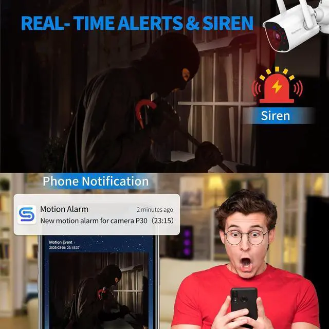 Alt view image 2 of 6 - Septekon 2K Home Security Cameras, 4 Pack Wired WiFi Outdoor Security Cameras with Night Vision, Two-Way Audio, 2.4G WiFi, IP66, Motion Detection Alarm - P30