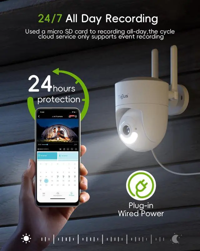 Alt view image 2 of 7 - 5G WiFi Security Camera Outdoor, 24/7 Recording Wired Security Camera, 2K Cameras for Home Security, Motion Detection and Siren, 360°Auto Tracking, Compatible with Alexa, 2-Way Audio, IP66