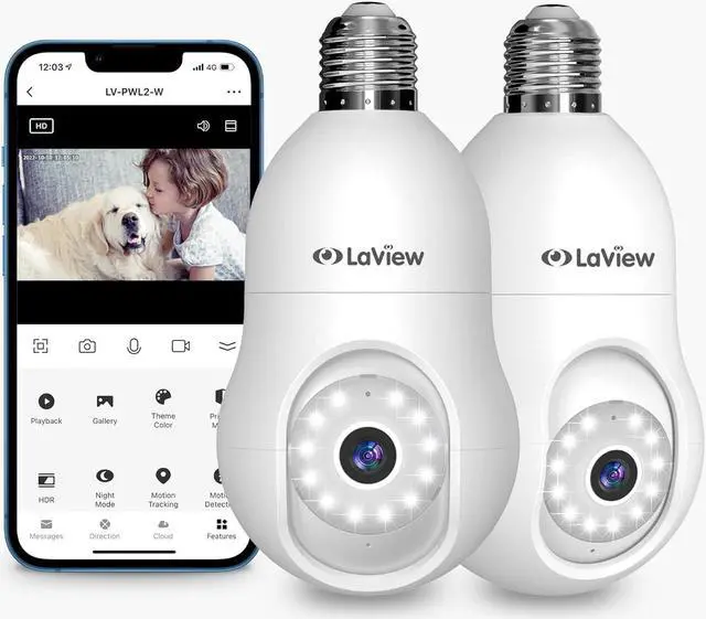 Main image of LaView 4MP Bulb Security Camera 2.4GHz,360° 2K Security Cameras Wireless Outdoor Indoor Full Color Day and Night, Motion Detection, Audible Alarm, Easy Installation, Compatible with Alexa (2 Pack)