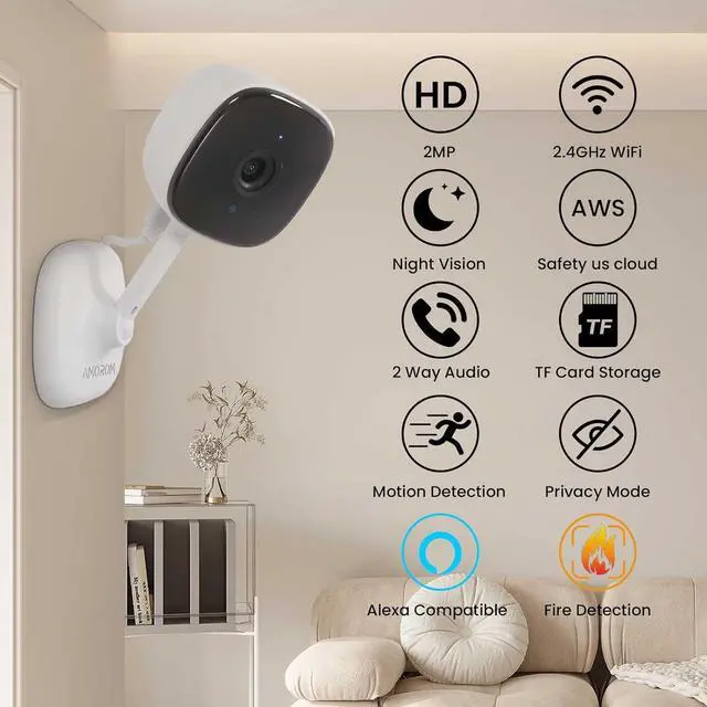 Alt view image 2 of 7 - WiFi Indoor Camera for Home Security, 24/7 Recording Camera for Office/House/Apartment, Cloud & SD Card Storage, 2-Way Audio, Night Vision, AI Motion Detection, Alexa/Google Assistant Supported
