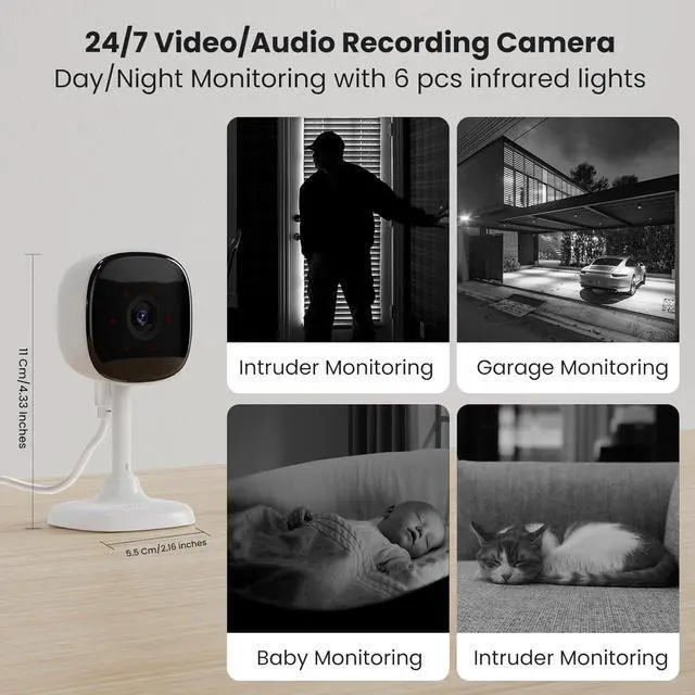 Alt view image 5 of 7 - WiFi Indoor Camera for Home Security, 24/7 Recording Camera for Office/House/Apartment, Cloud & SD Card Storage, 2-Way Audio, Night Vision, AI Motion Detection, Alexa/Google Assistant Supported
