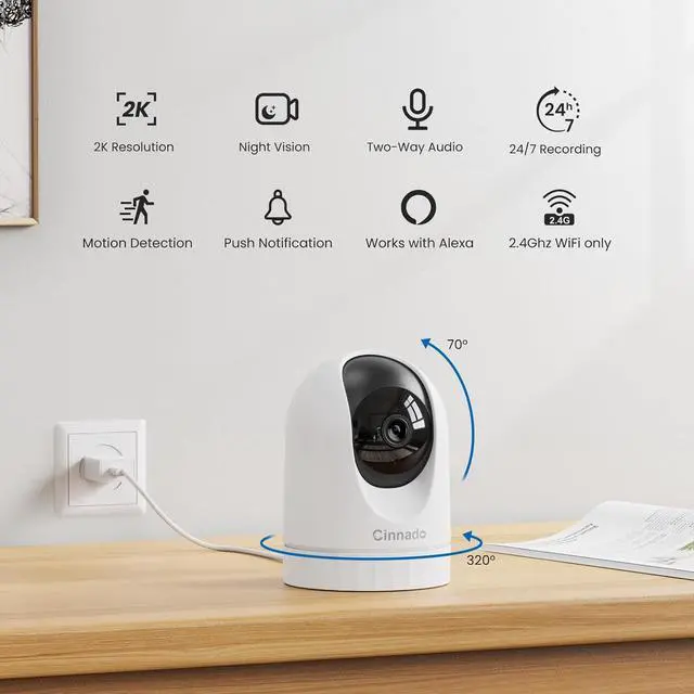 Alt view image 2 of 7 - 2K Indoor Security Camera-Baby Monitor with 2.4G WiFi Camera and Audio, Siren/Night Vision for Home/Pet/Nanny/Cat, 24/7 SD Card Storage, Cloud (Optional), Compatible with Alexa & Google Home, D1 2P
