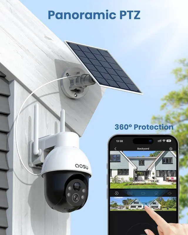 Alt view image 2 of 7 - AOSU 3K/5MP Solar Security Cameras System Wireless Outdoor, Battery Powered WiFi Camera for Home Security, Panoramic PTZ, Auto Tracking, Human/Vehicle Detection, Color Night Vision (2 Pack)