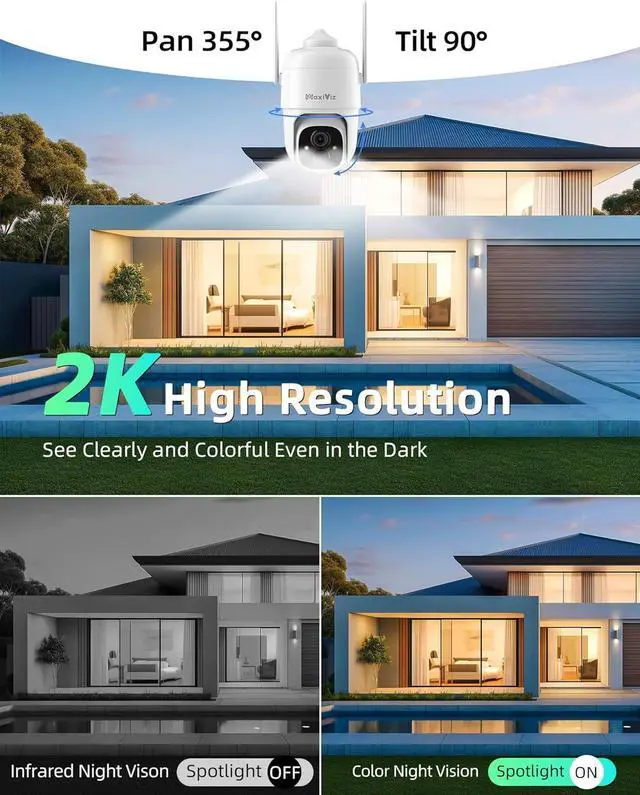 Alt view image 2 of 7 - Solar Security Camera Wireless Outdoor, 360° View Outdoor Cameras for Home Security with AI Motion Detection, 2K Color Night Vision, Two-Way Talk, IP66 Weatherproof, SD/Cloud Storage