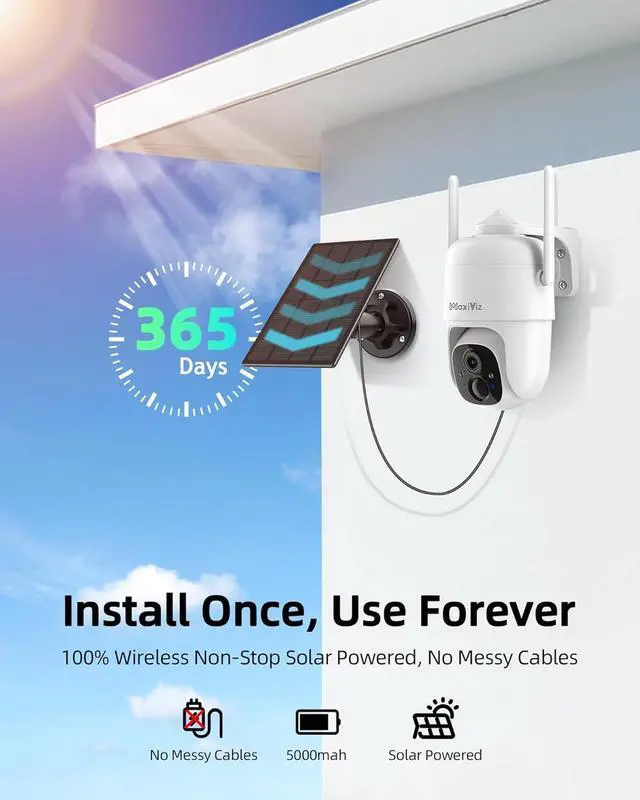 Alt view image 3 of 7 - Solar Security Camera Wireless Outdoor, 360° View Outdoor Cameras for Home Security with AI Motion Detection, 2K Color Night Vision, Two-Way Talk, IP66 Weatherproof, SD/Cloud Storage