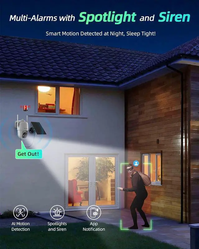 Alt view image 4 of 7 - Solar Security Camera Wireless Outdoor, 360° View Outdoor Cameras for Home Security with AI Motion Detection, 2K Color Night Vision, Two-Way Talk, IP66 Weatherproof, SD/Cloud Storage