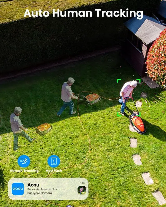 Alt view image 4 of 7 - AOSU 3K/5MP Solar Security Cameras System Wireless Outdoor, Battery Powered WiFi Camera for Home Security, Panoramic PTZ, Auto Tracking, Human/Vehicle Detection, Color Night Vision (2 Pack)