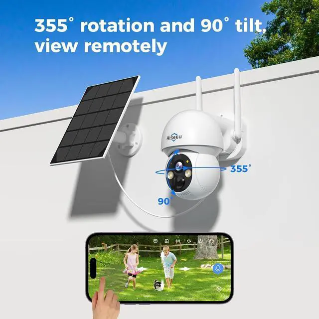 Alt view image 3 of 6 - Hiseeu Solar Security Camera, 2PCS 4MP Wireless WiFi Camera Outdoor, PTZ 360° View, PIR Motion Detection, Color Night Vision, IP66, 2-Way Audio, 2.4G WiFi, No Monthly Fee